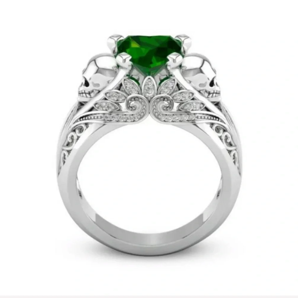 Size 9 Emerald Green Heart Silver Skull Ring NEW